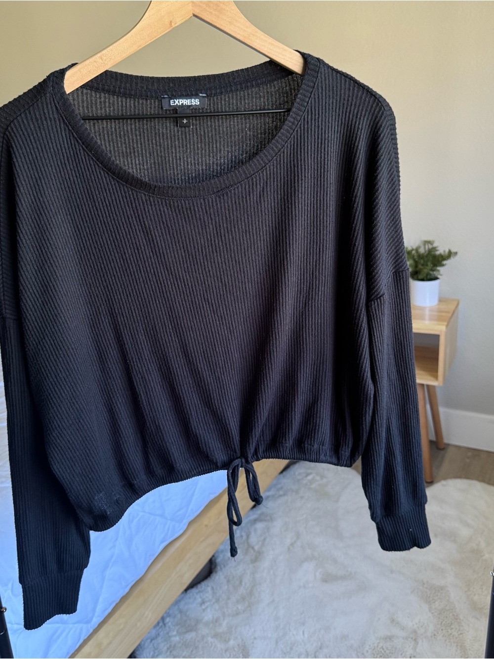 Express Black Ribbed Drawstring Long Sleeve Sweatshirt
